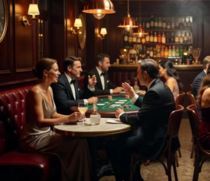 Invités réunis dans un bar speakeasy aux lumières cuivrées, tables dressées et ambiance de soirée privée