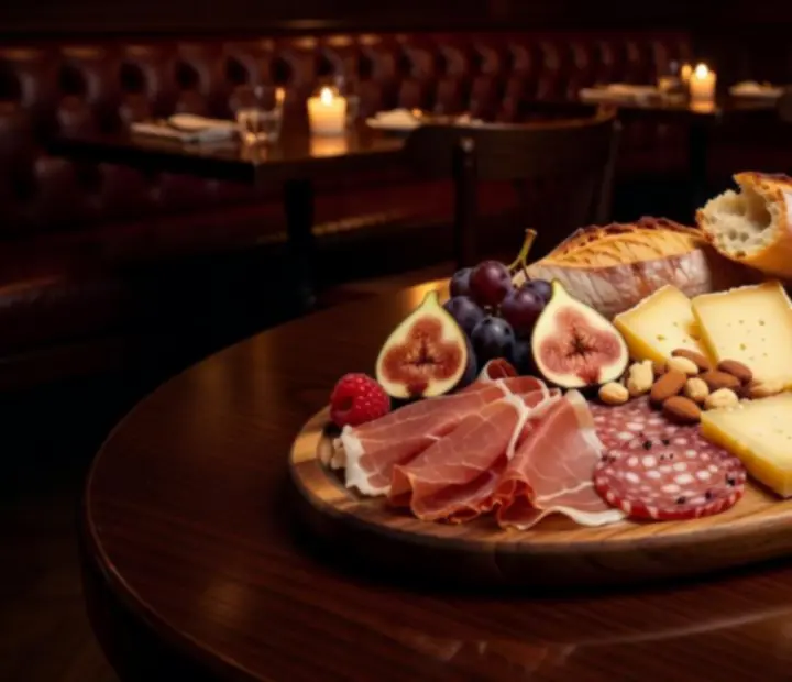 Grande planche à partager avec charcuteries fines, fromages affinés et accompagnements sur table sombre.
