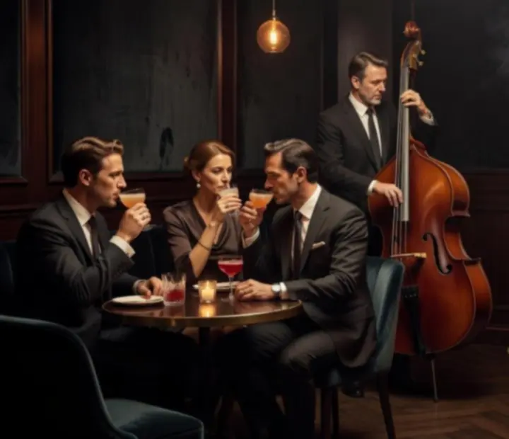 Groupe de jazz jouant dans un bar speakeasy, éclairé à la bougie avec bar en cuivre et invités attablés