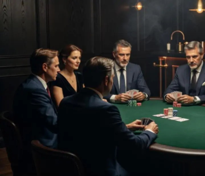 Ambiance de soirée poker avec joueurs, jetons et lumière tamisée