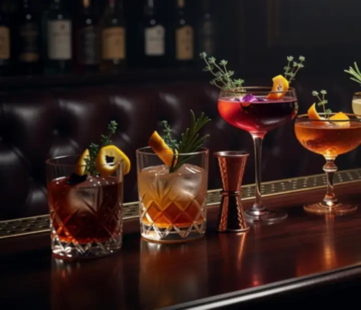Sélection de cocktails signature du Comptoir Brume sur un comptoir sombre aux reflets cuivrés.