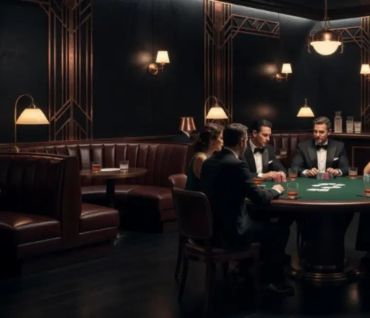 Salle de poker speakeasy avec bar tamisé, banquettes en cuir et table de poker en arrière-plan